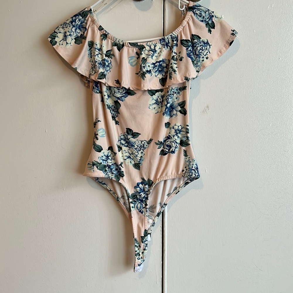Pink off the shoulder Bodysuit with Blue Flower print